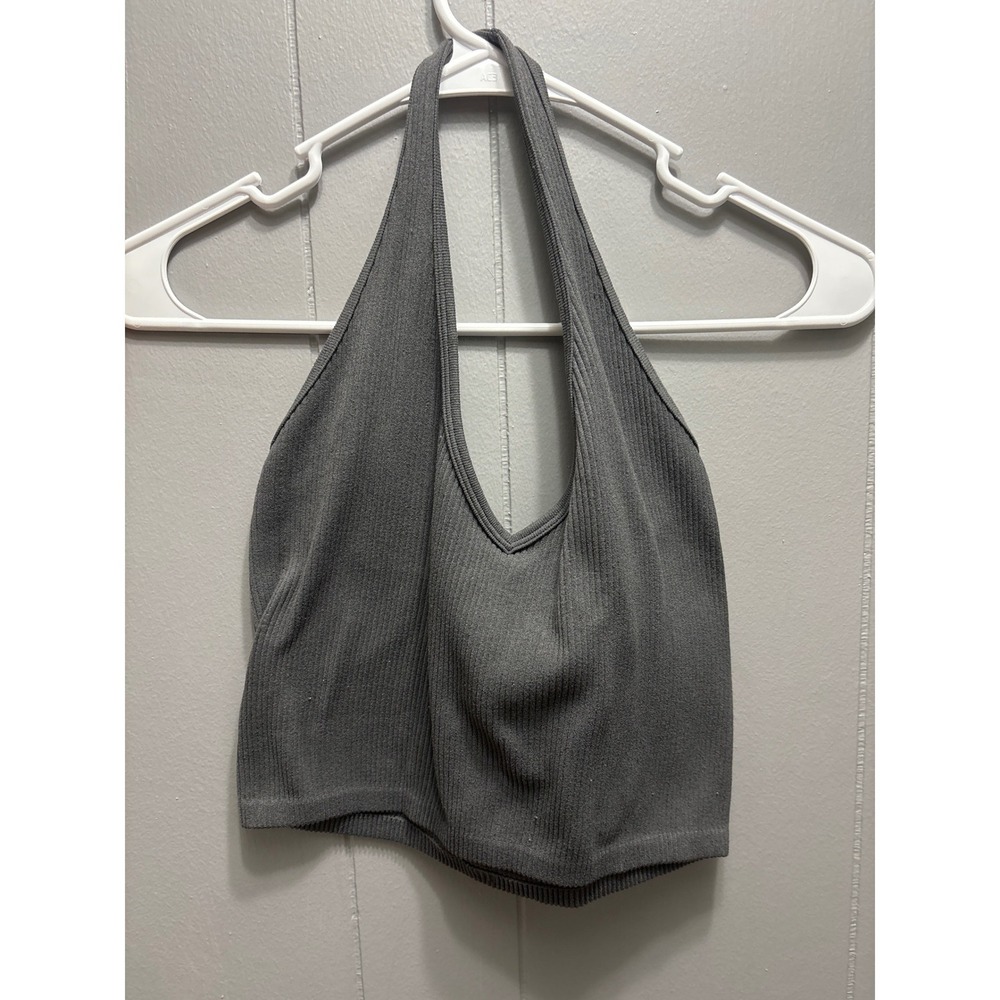 Aster Ribbed Halter Top Charcoal Gray V-Neck Cropped Knit Camisole  M/L